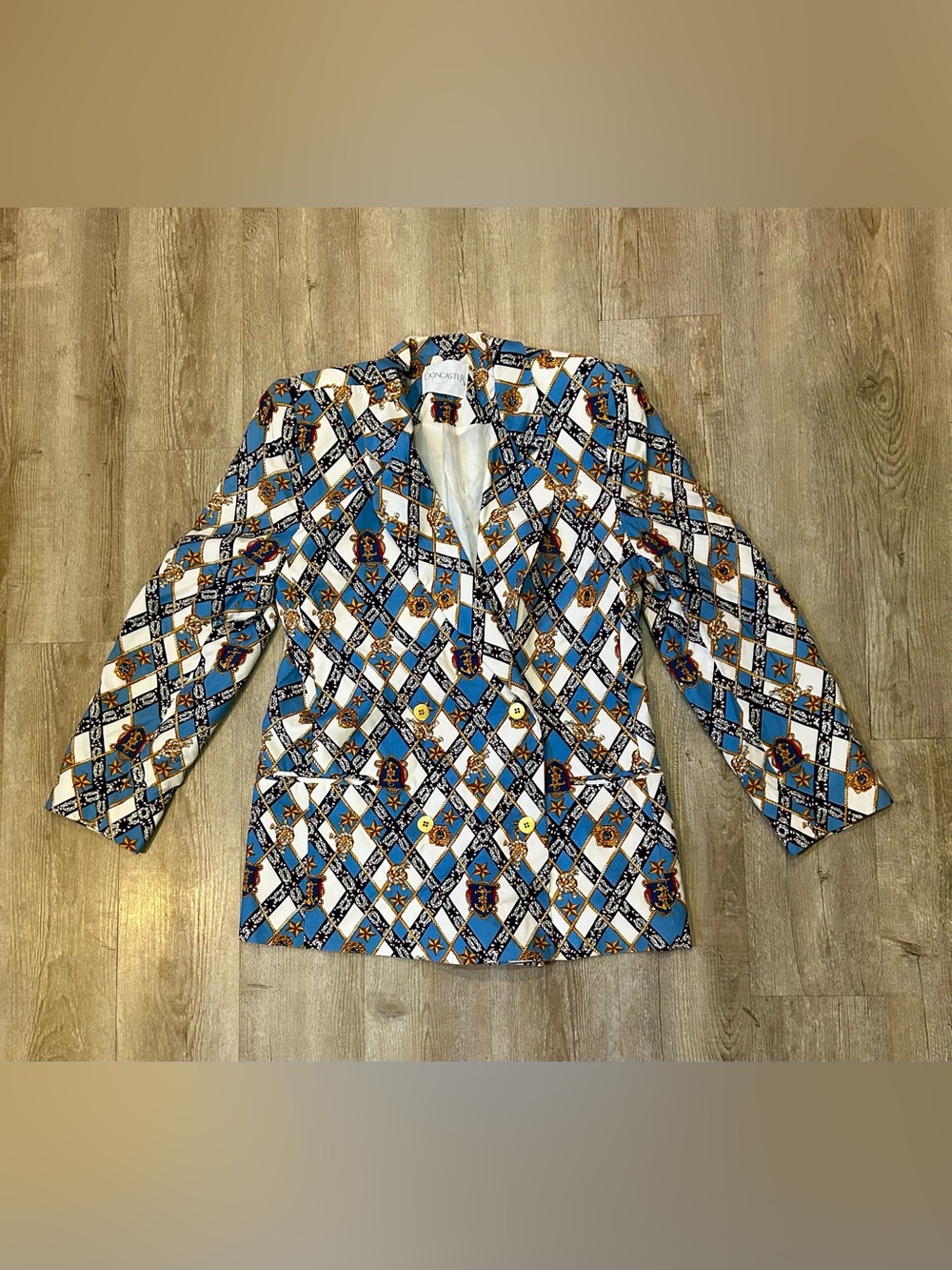 Doncaster Limited Edition Blazer Blue White Gold Nautical Print Four-Button SZ 8